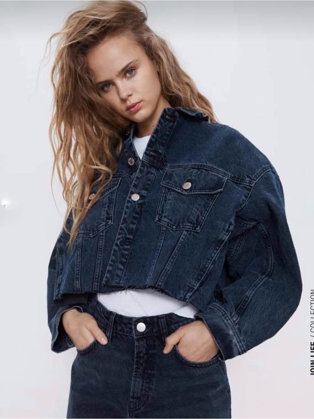 ZARA Z1975 Cropped Denim Jacket – Faded Navy | Oversized Fit | Size S